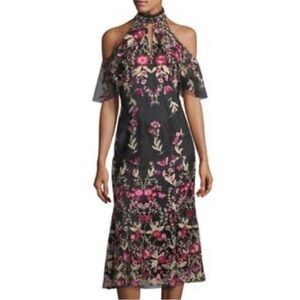 Shoshanna Midnight Sausalito Black Mesh Floral Cold Shoulder High Neck Gown 10